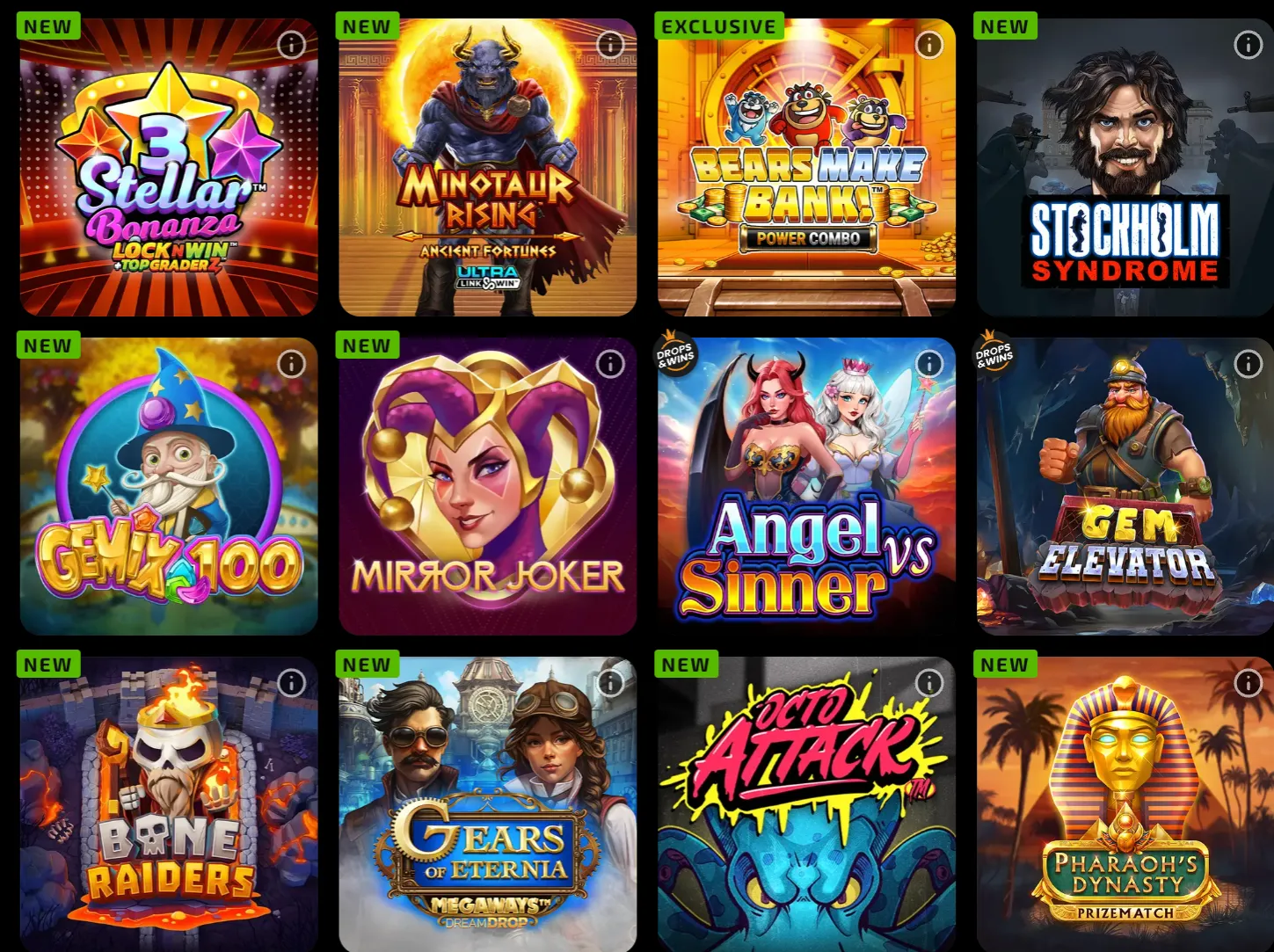 Online Casino Game Selection Grid display of twelve online slot game thumbnails including titles like Stellar Bonanza, Minotaur Rising, Bears Make Bank, and others, each with unique themed artwork and 'NEW' or 'EXCLUSIVE' labels